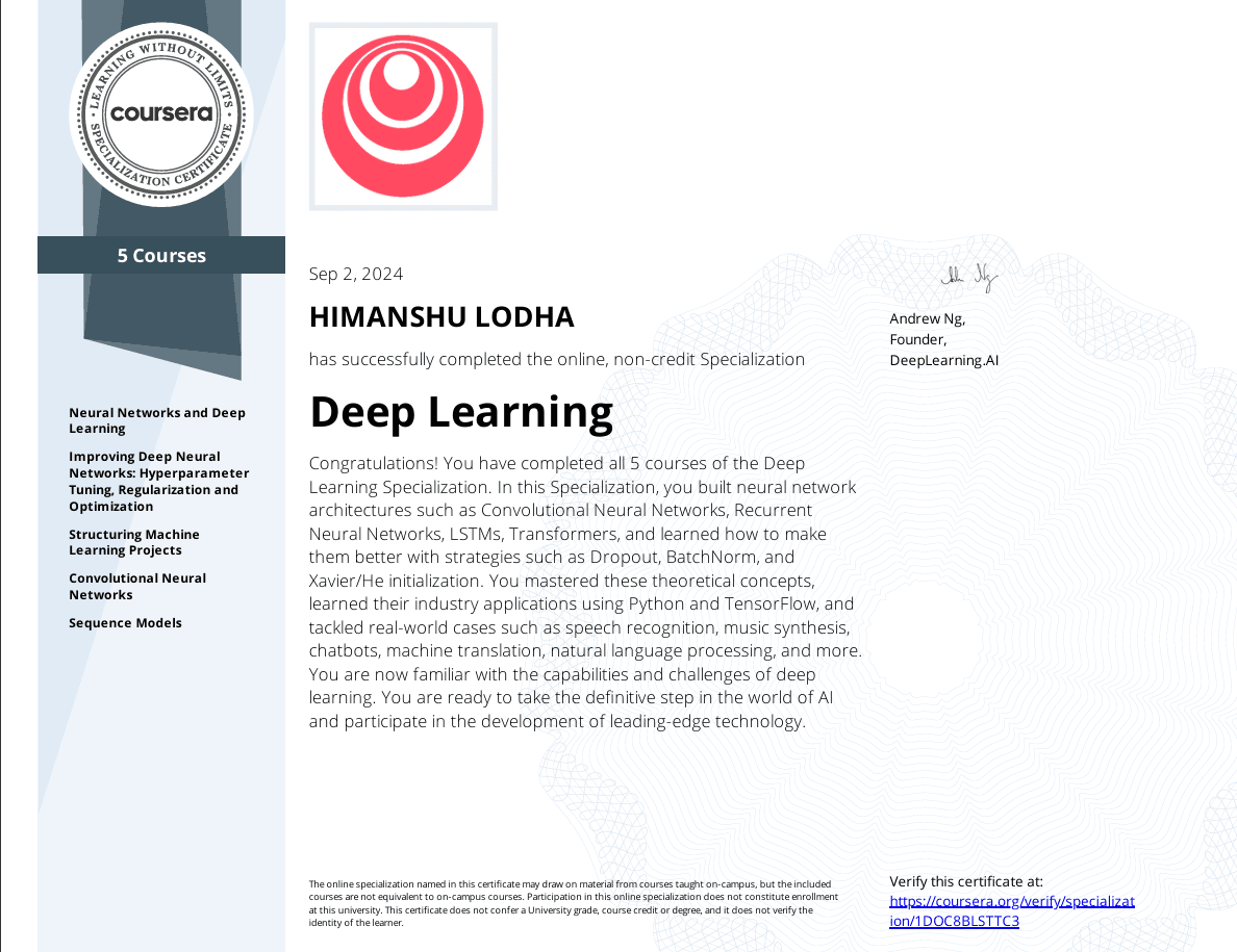 Deep Learning Specialization by Stanford University